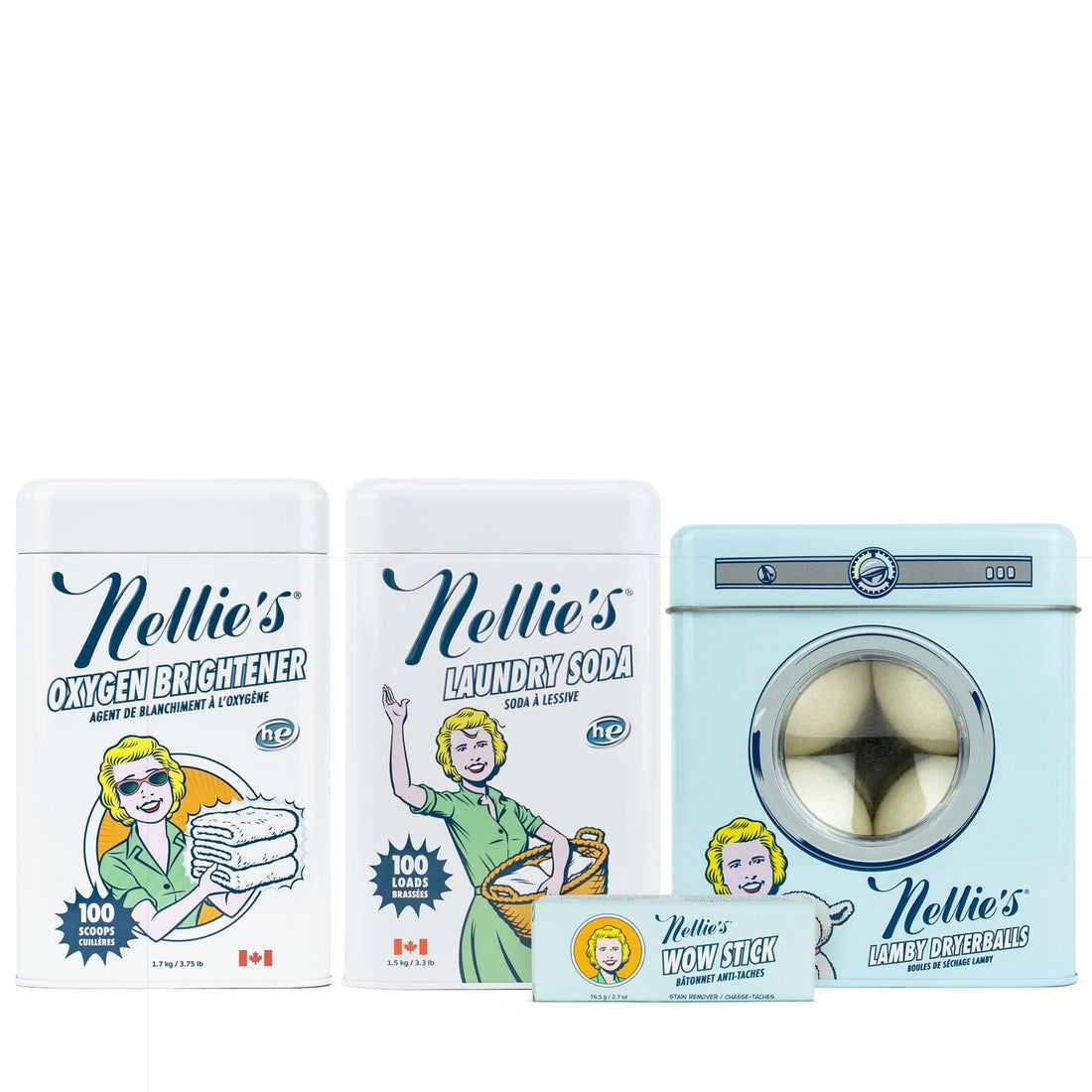 Eco-friendly and unscented Laundry Starter Bundle with Laundry Soda 100 loads, Oxygen Brightener 100 scoops, Lamby Wool Dryerballs and WOW Stick stain remover in Lemongrass scent