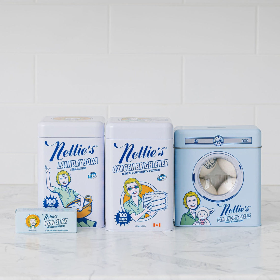 Eco-friendly and unscented Laundry Starter Bundle with Laundry Soda 100 loads, Oxygen Brightener 100 scoops, Lamby Wool Dryerballs and WOW Stick stain remover in Lemongrass scent