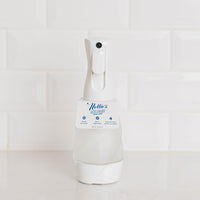 Reusable glass spray bottle with long fine mist in frosted glass