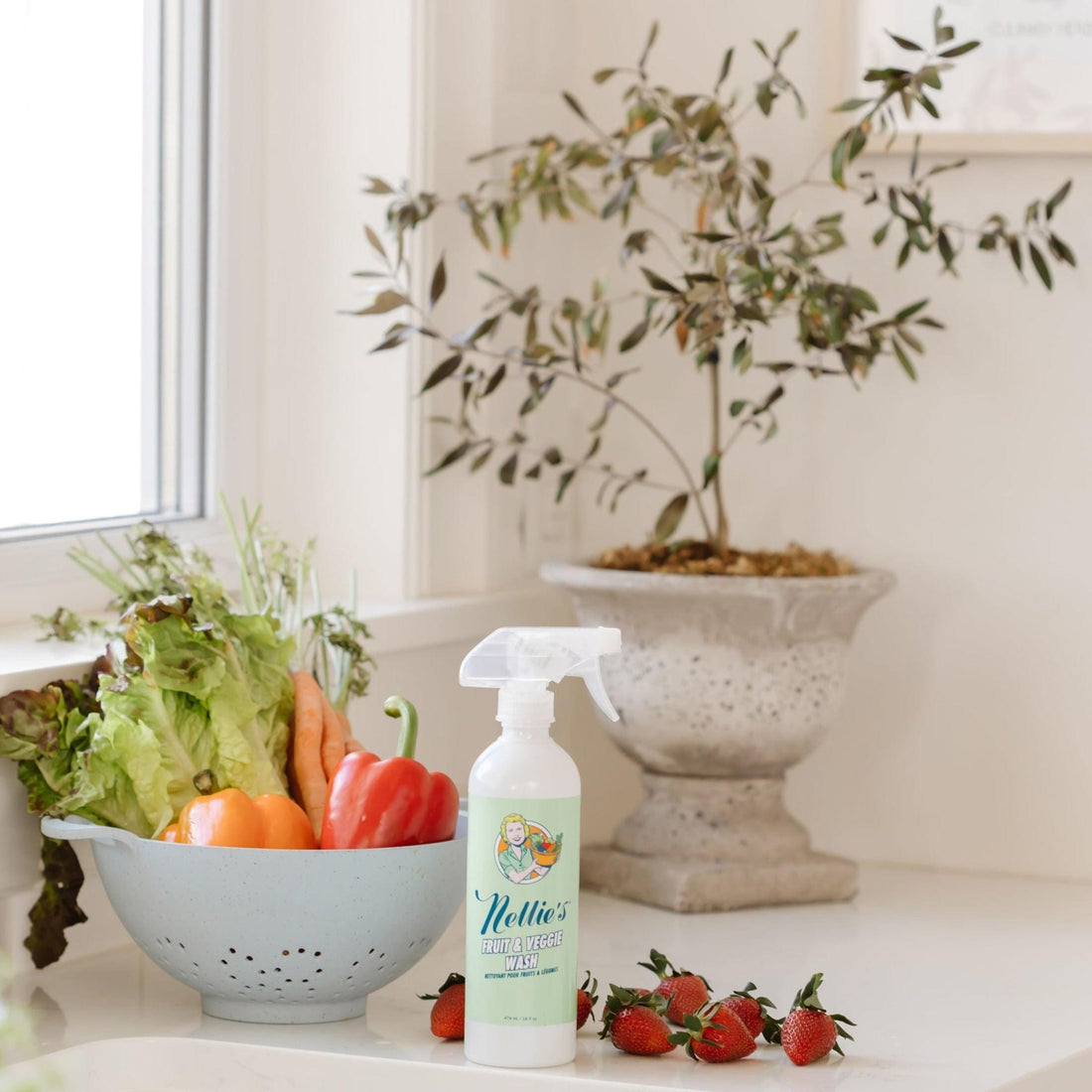 Fruit and vegetable wash with a strainer of vegetables