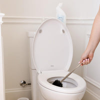 Cleaning toilet with Toilet Bowl Cleaner and toilet brush