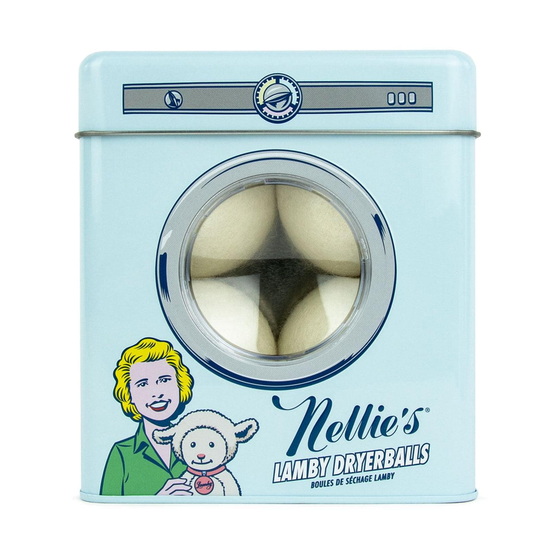 Four wool dryerballs in adorable dryer shaped tin