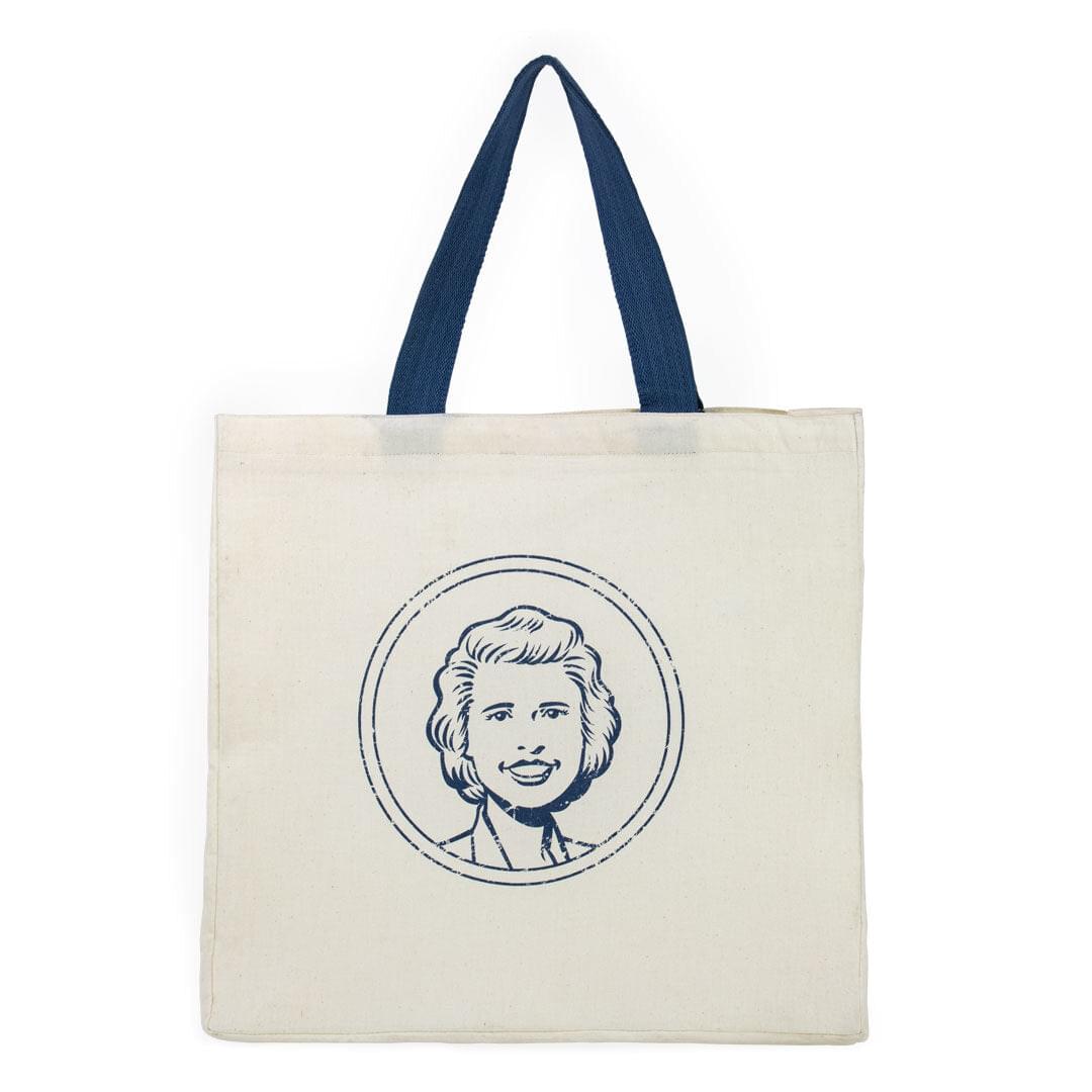 Nellie's head logo cream coloured lined tote with blue straps